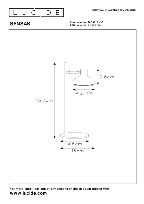 Lucide SENSAS - Lampe de bureau - Ø 18 cm - 1xGU10 (ES111) - Noir - technique
